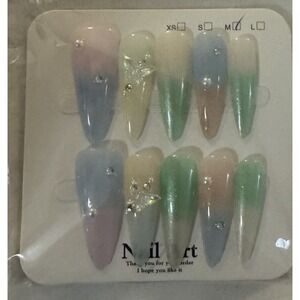 Mulitcolored Ombre Stiletto Press On Nails‎ With 3D Butterfly